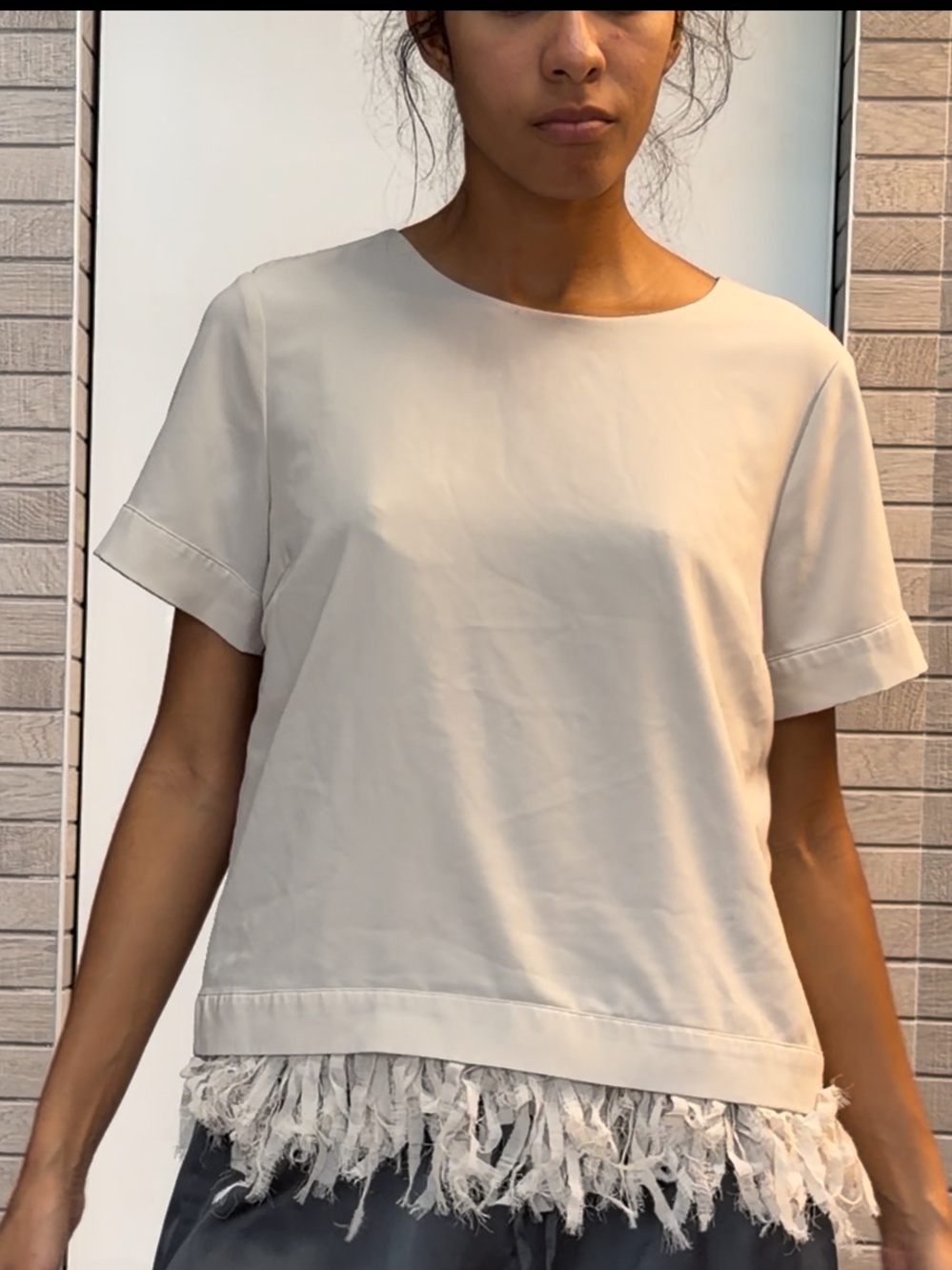 Cream Short-Sleeve Blouse with Fringe Hem - Unbranded